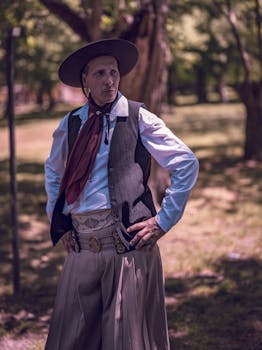 A traditional Argentine gaucho in authentic attire stands confidently in a sunlit park setting.